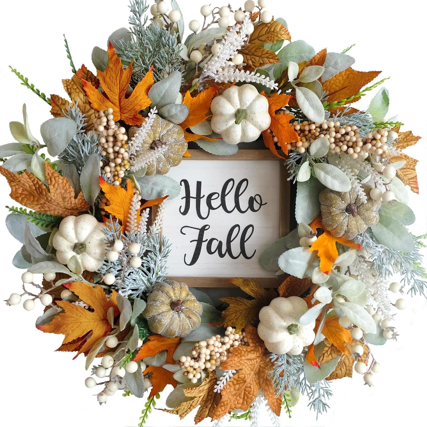20 Inch Harvest Fall Wreath for Front Door, Pumpkins and Berries