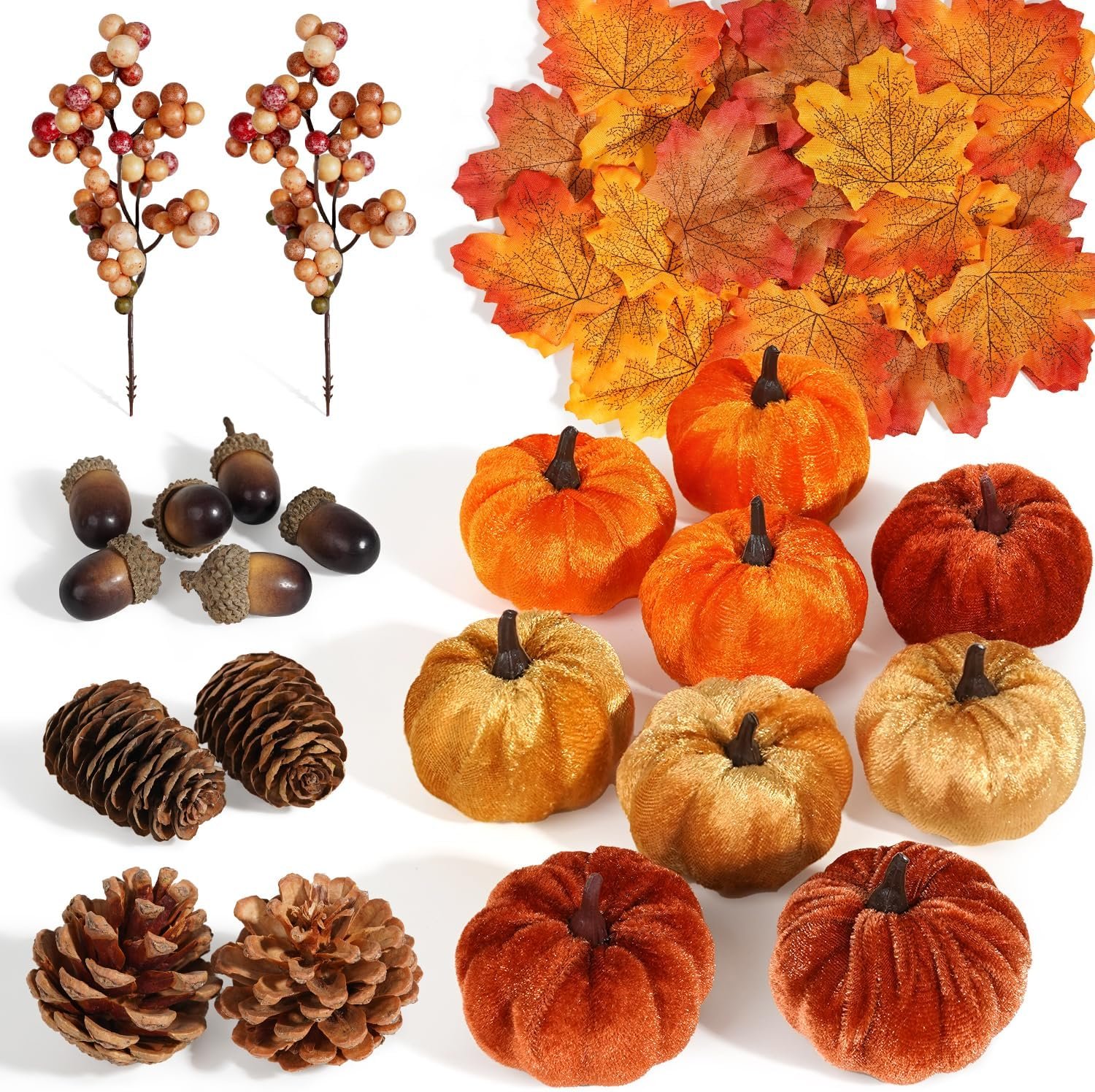 Artmag 51 Pcs Artificial Fabric Pumpkins, Fall Harvest Decor with Acorns and Pinecones