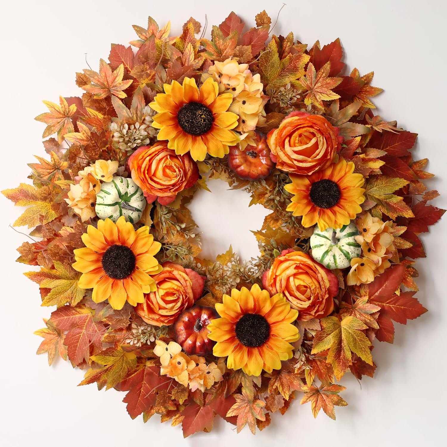 28 Inch Large Artificial Maple Leaves Fall Wreath, Orange-Yellow
