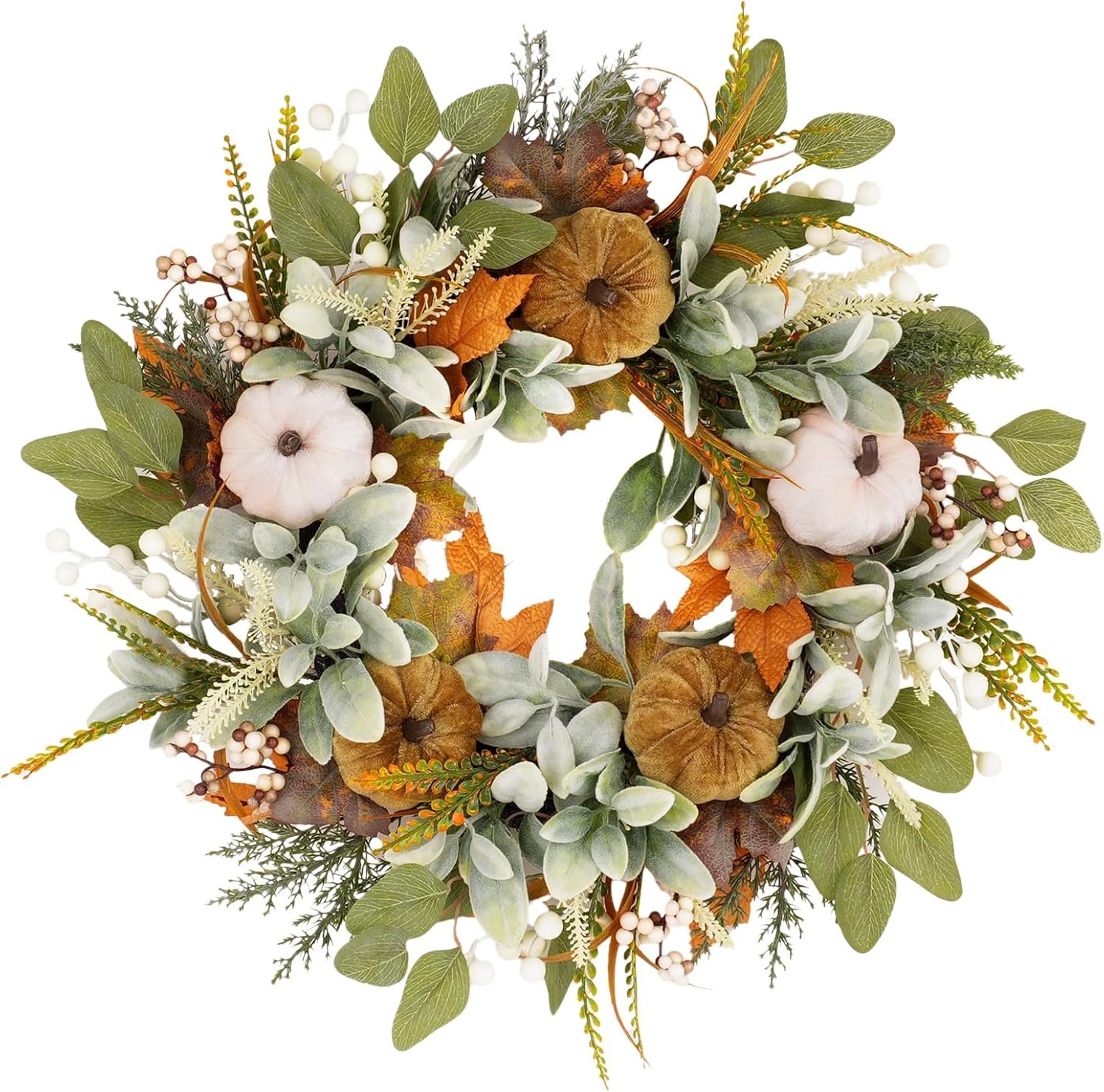 22 Inch Fall Wreath with Eucalyptus and 5 Large Velvet Pumpkins