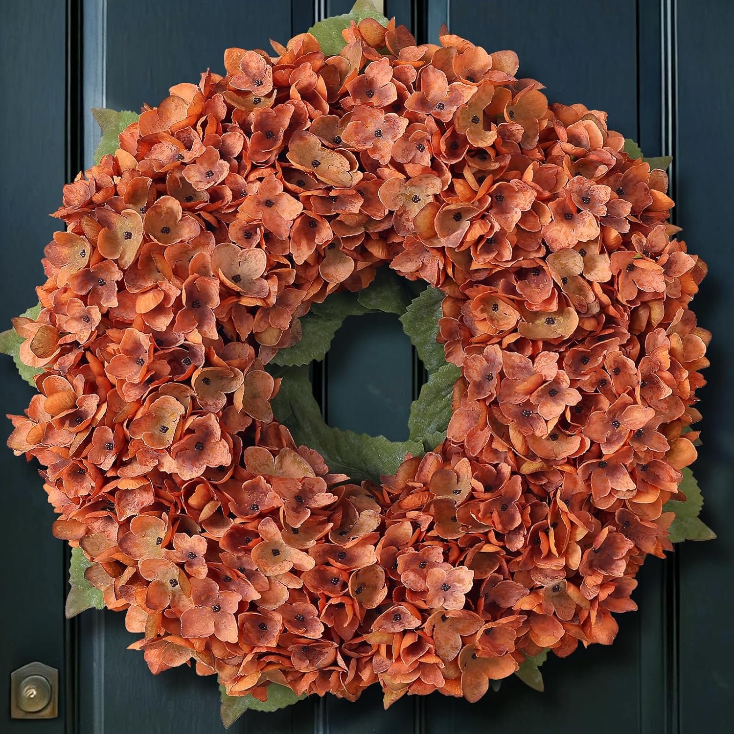 21 Inch Artificial Fall Hydrangea Wreath for Front Door, Orange