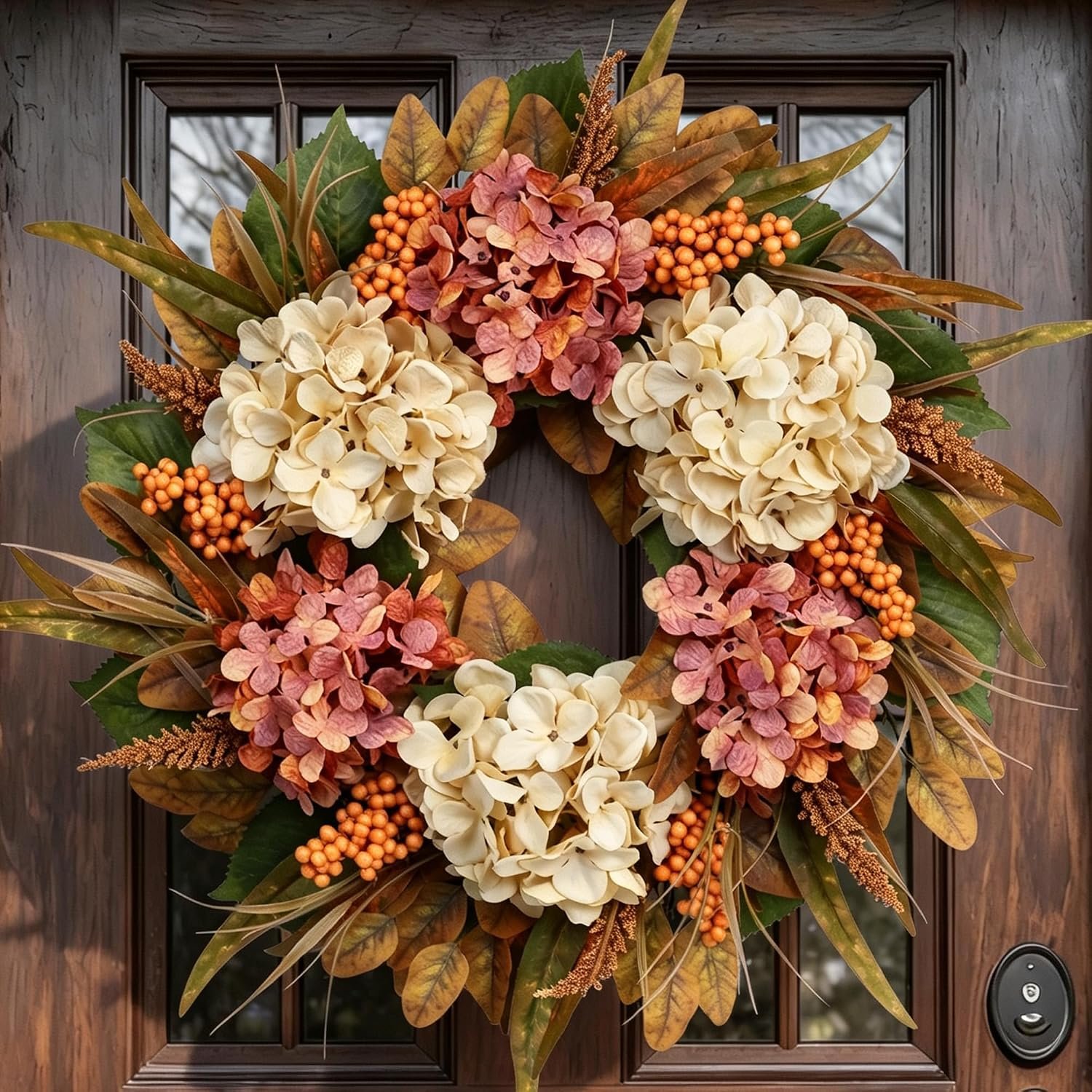 26 Inch Autumn Door Wreath with Hydrangea, Berries and Eucalyptus