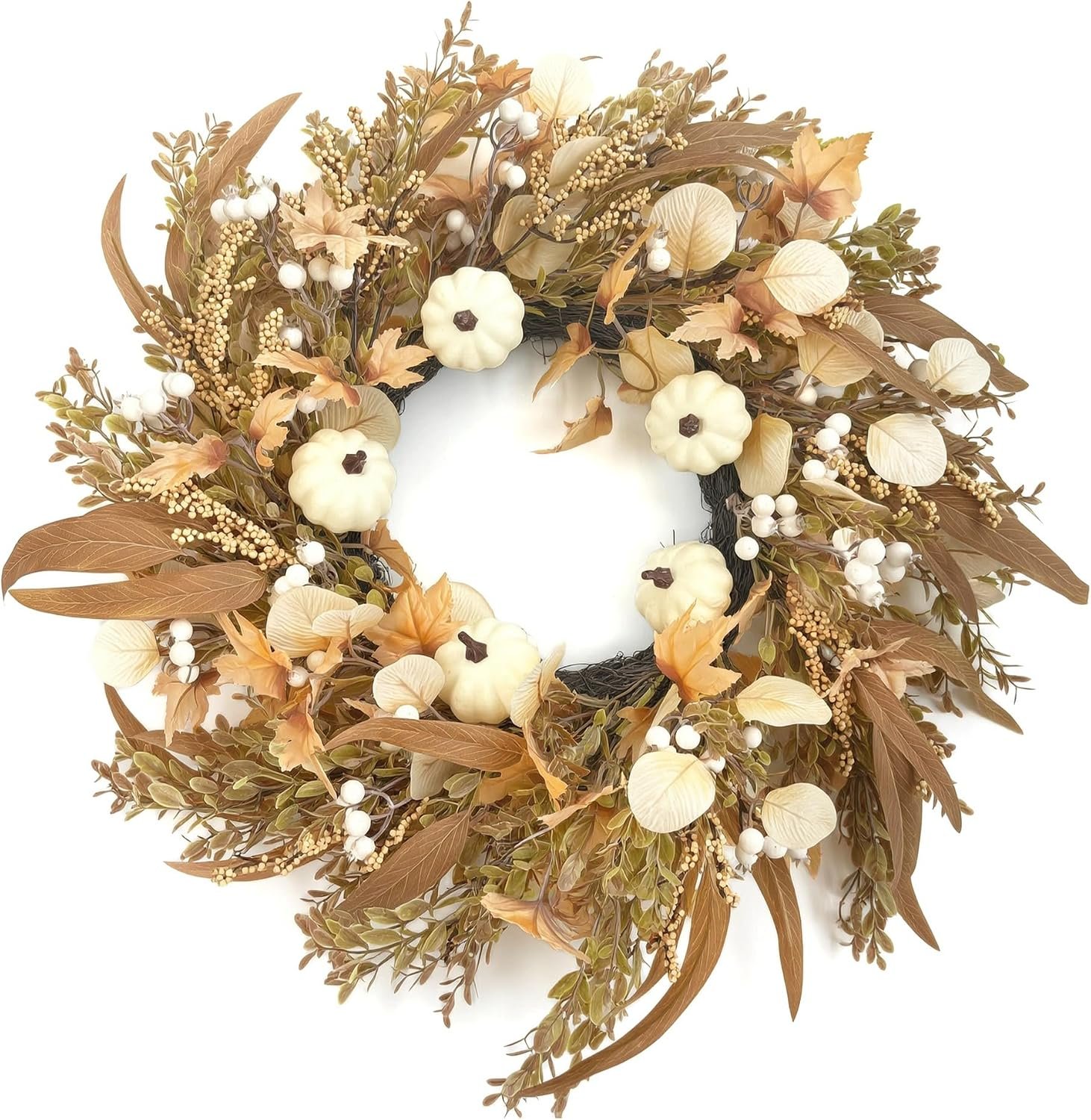 24 Inch Neutral Fall Wreath with White Pumpkins and Maple Leaves