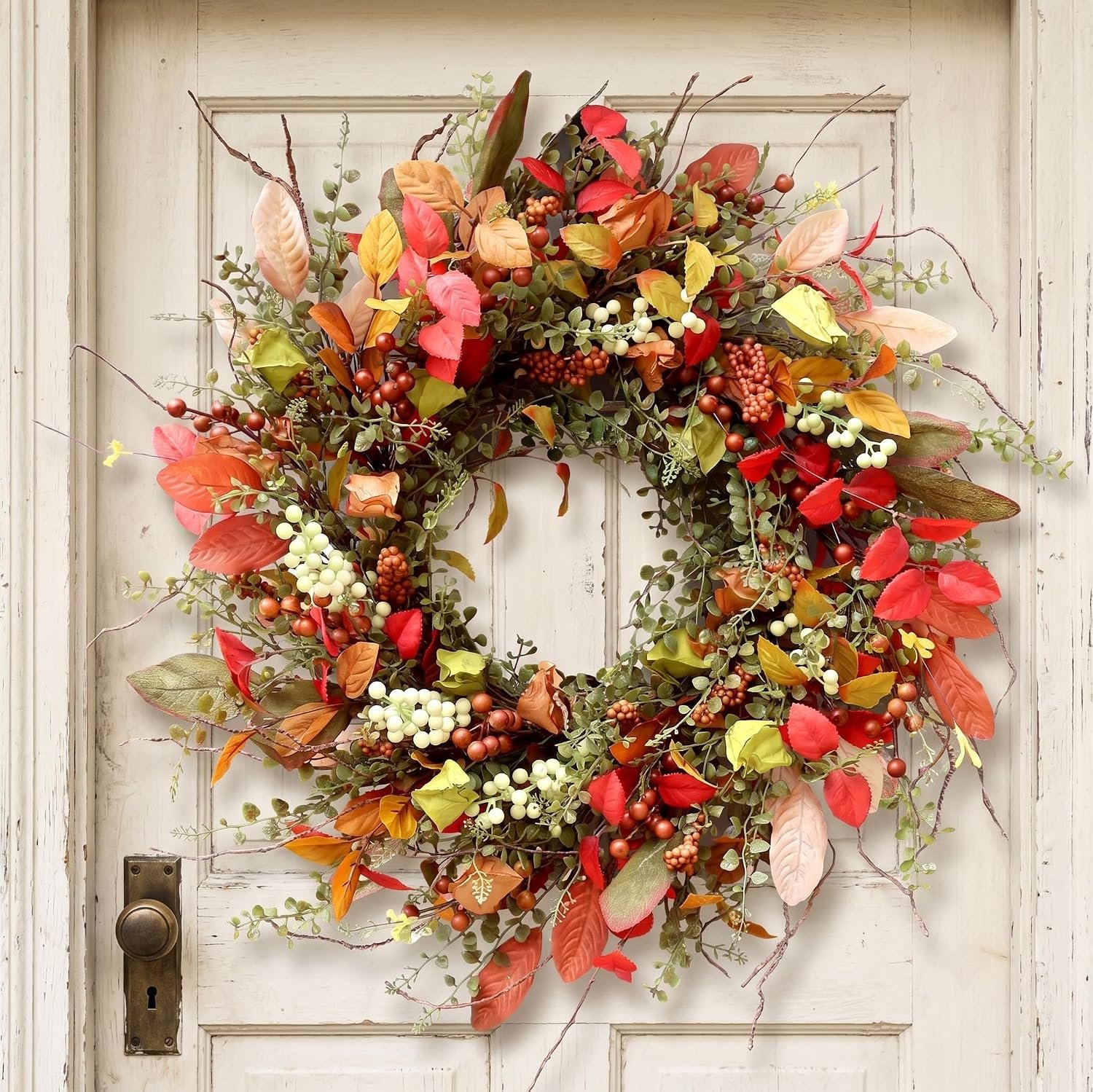 22 Inch Berry Branches Fall Wreath with Mixed Leaves, Flowers and Twigs