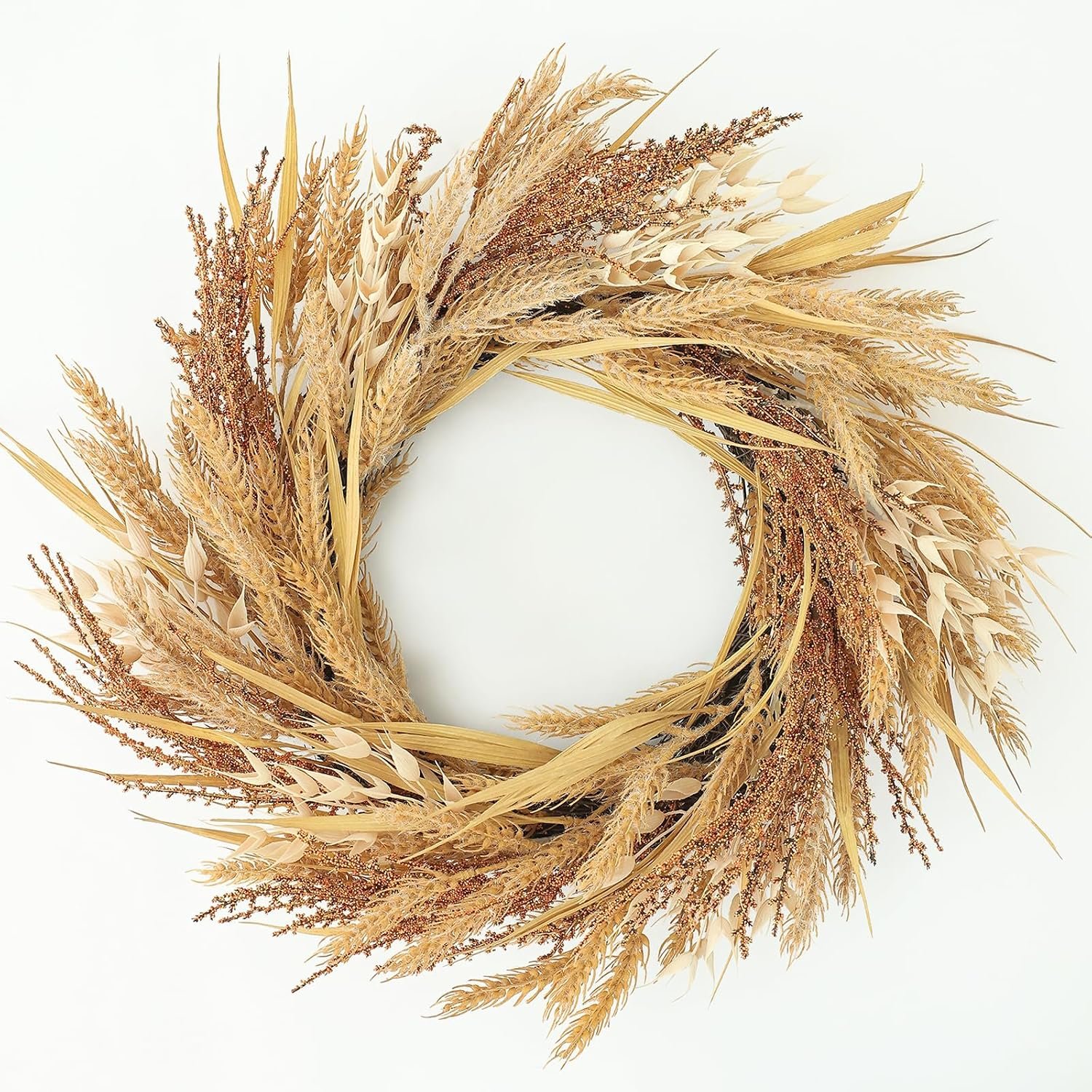 MIZII 19 Inch Beige Fall Wreath with Artificial Wheat Stalks and Leaves