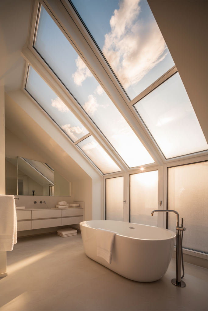 A bright and airy bathroom with a large skylight, allowing natural light to flood the space. The sunlight creates a fresh and open feel.