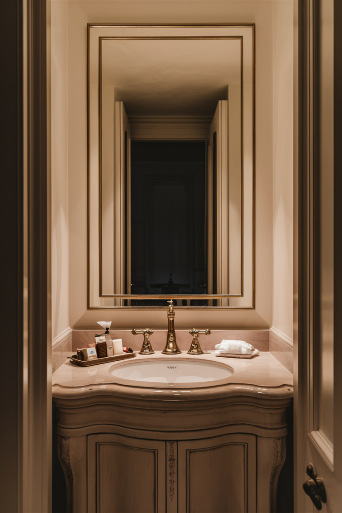 A timeless bathroom design featuring a large rectangular mirror with a thick wooden frame. The mirror complements the neutral color palette, adding warmth and elegance.