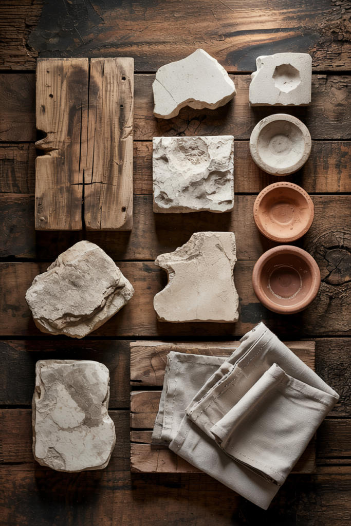 A close-up of natural materials used in a wabi-sabi bathroom—aged wood, rough stone, unglazed clay, and crinkled linen. The textures show signs of wear, embracing imperfection.