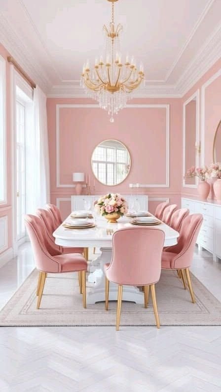 Elegant pink dining room with pink upholstered chairs, white table and chandelier