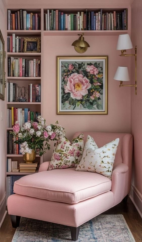 Pink reading nook with a cozy chair and small side table