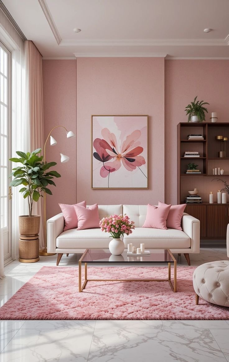 Pink interior with decorative floral artwork and layered neutral furnishings