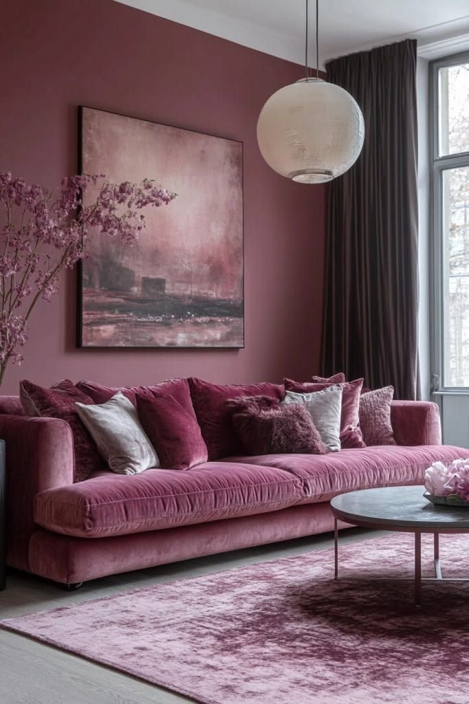 Deep pink living room with pink sofa, dark curtains, artwork and layered cushions