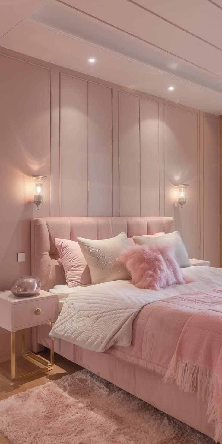 Modern pink bedroom with soft pink walls, bedding, upholstered bed and layered textiles