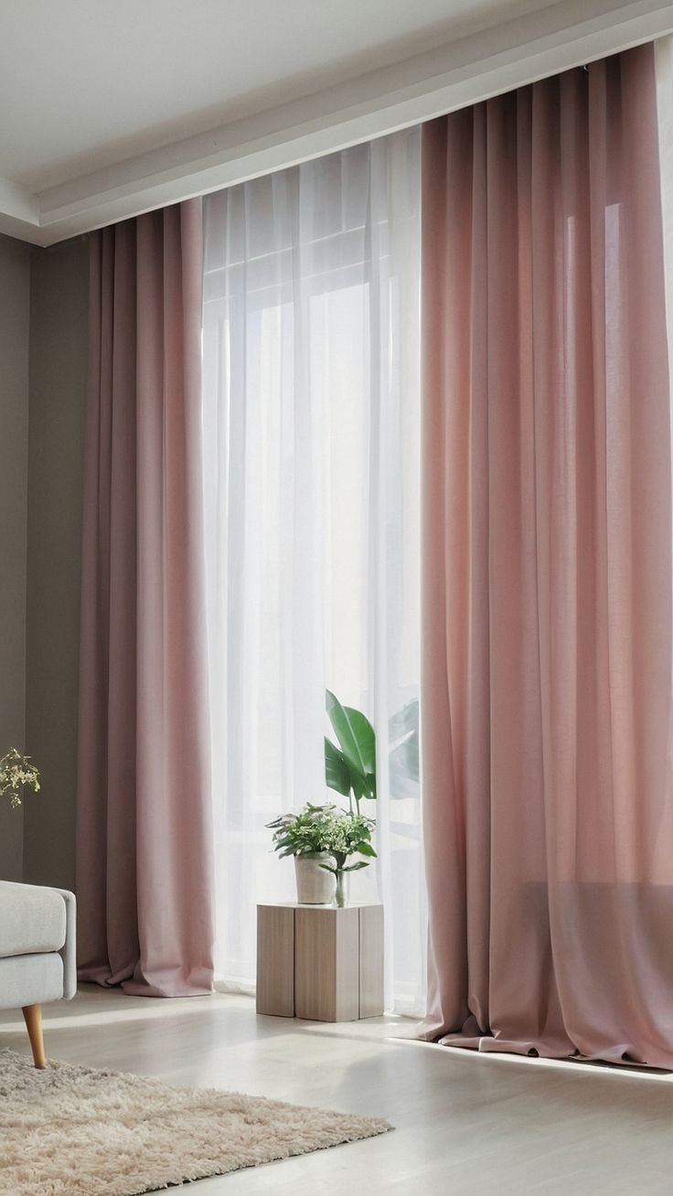 Floor length soft pink curtains in a bright neutral living space