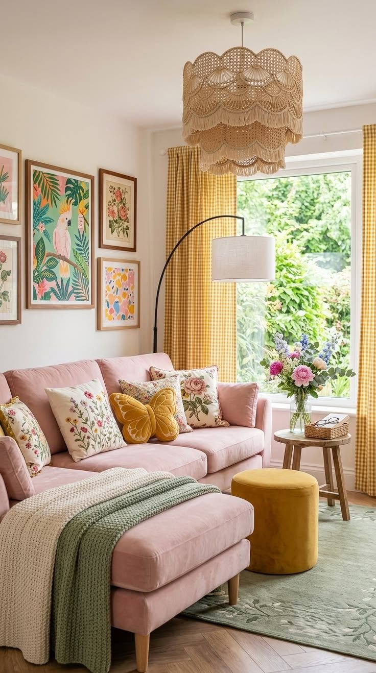 Deep pink velvet sofa in a moody living room with dark wood and neutral accents