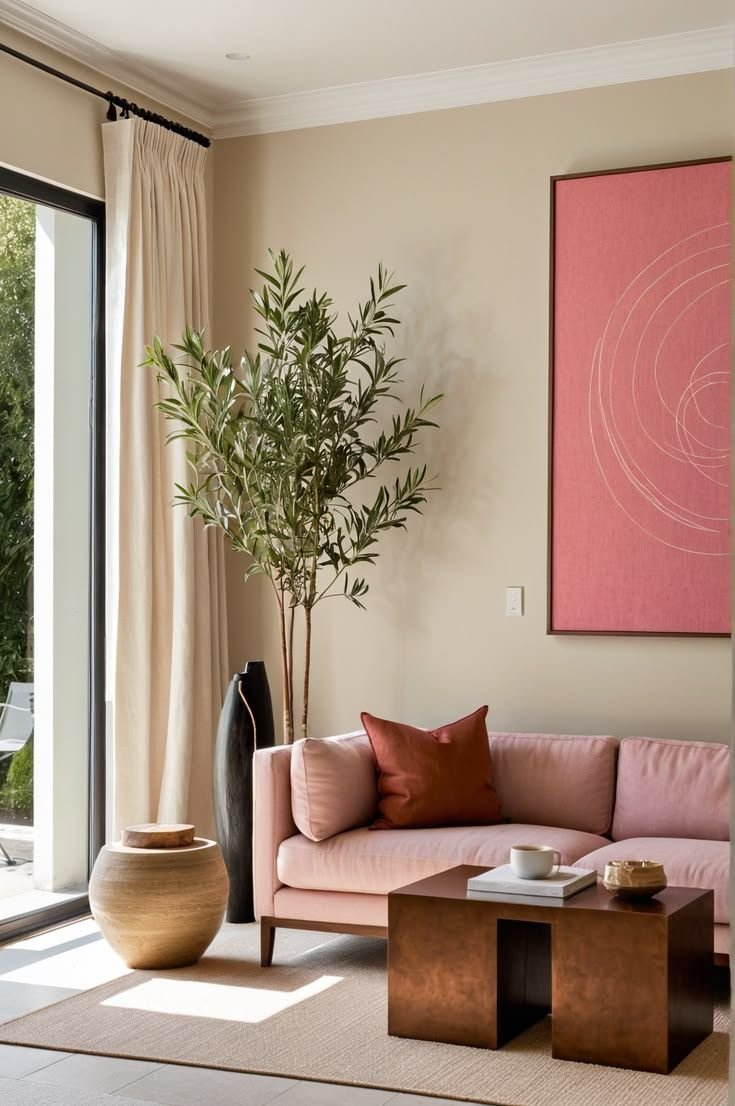 Pink sofa used as the focal point in a living room