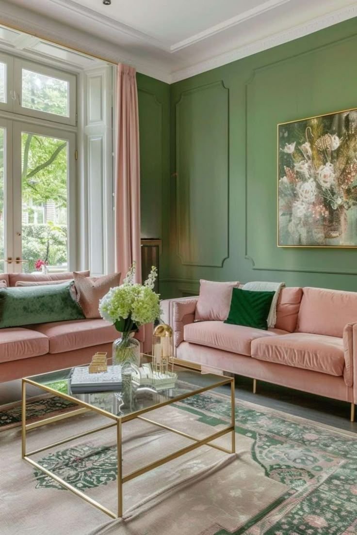 Pink sofas paired with sage green walls and patterned rug in a living room