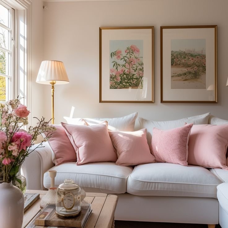 Soft pink flowers and decorative accents styled against a neutral interior