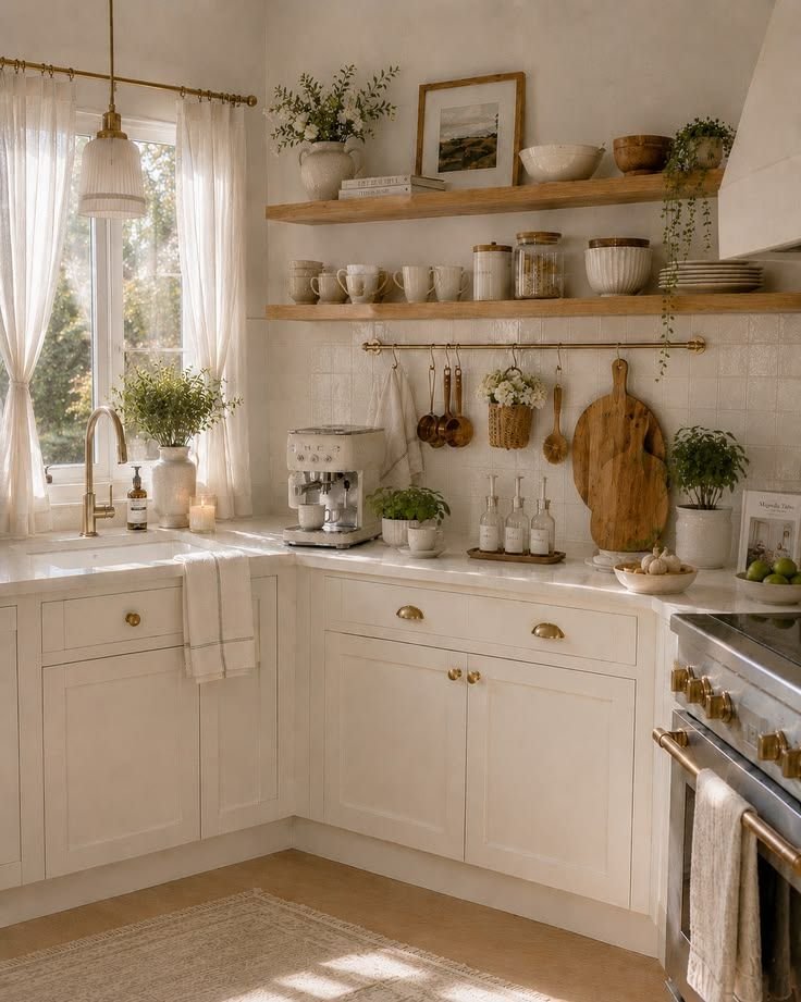 Cream cottage kitchen with aged brass cup pulls, a brass tap and a brass rail beneath open wooden shelves