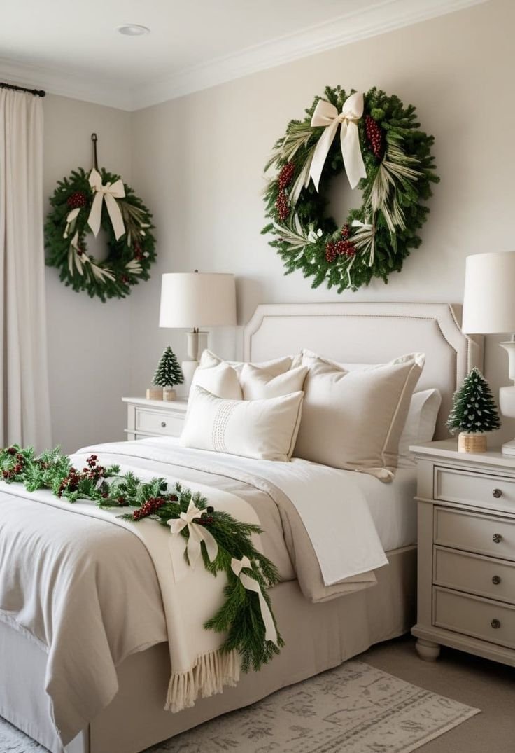 Mini evergreen wreath hung above a bed as part of a cozy Christmas bedroom