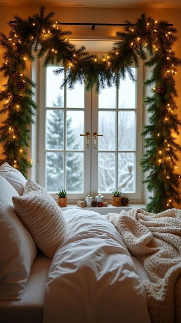 Bedroom styled for a dreamy Christmas aesthetic with warm window lighting