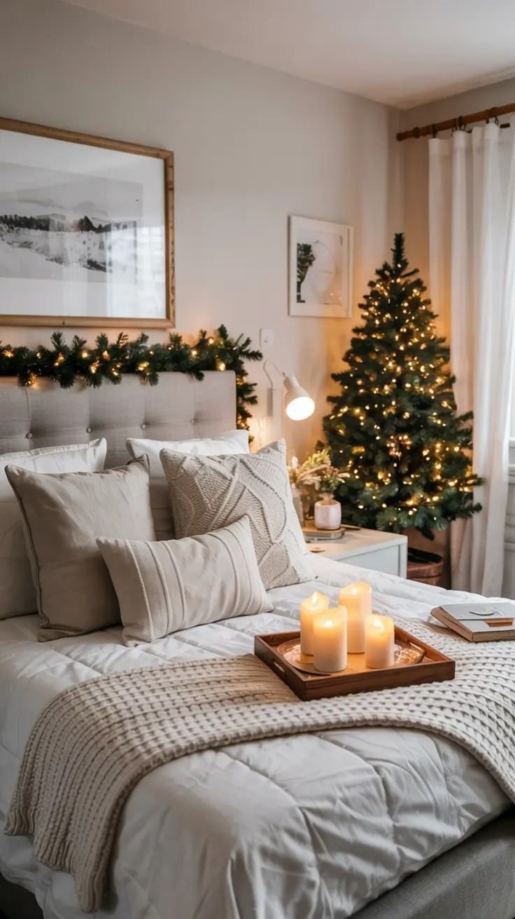 Bedroom shelf styled with candles and warm seasonal details