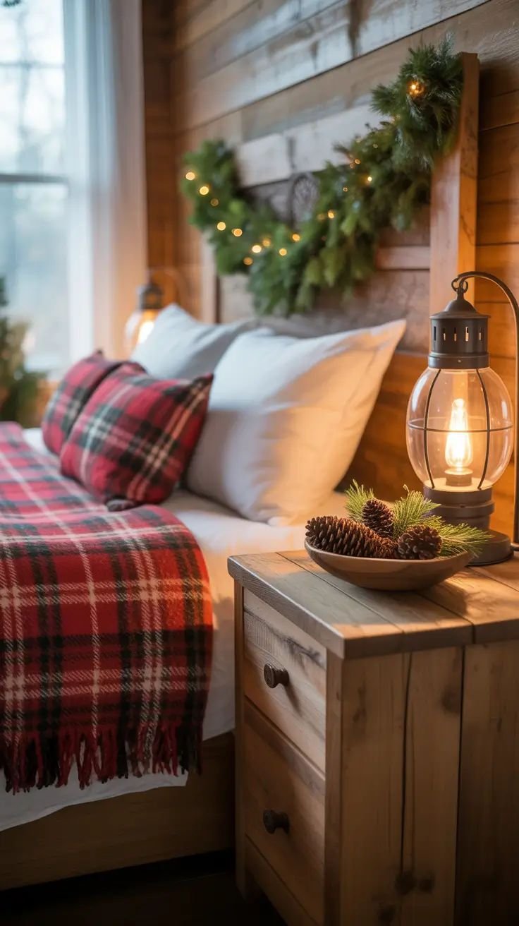 Rustic wooden nightstand styled with pinecones and a small candle