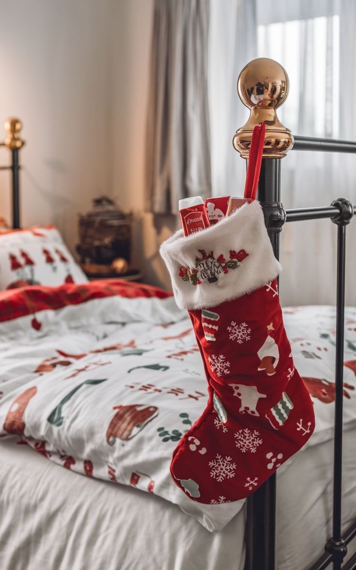 Christmas stocking styled at the foot of a cozy decorated bed