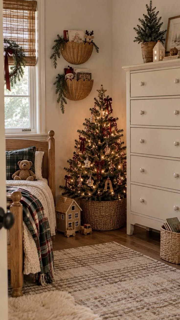 Vintage-style Christmas tree corner styled beside a bedroom dresser