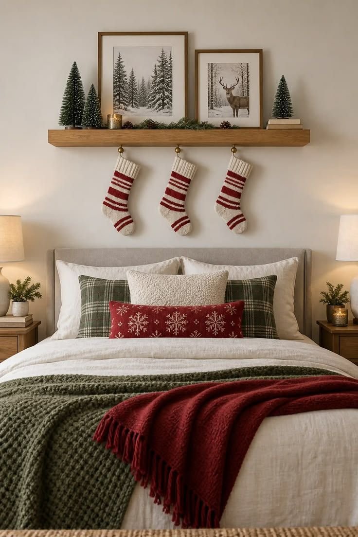 Christmas wall art and greenery styled above a walnut headboard