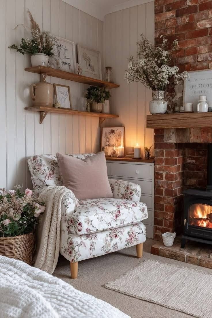 Cozy cottage corner with a floral armchair, log burner, wooden shelves and dried flowers