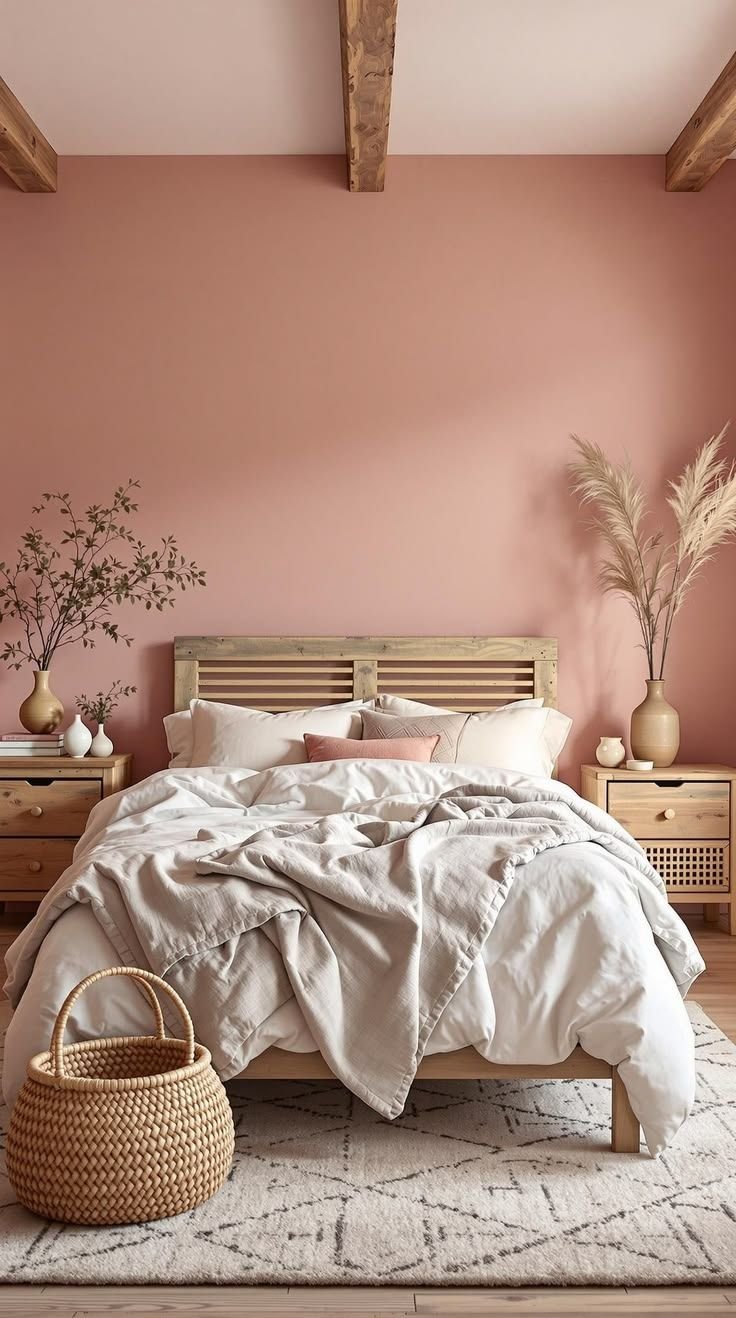 Bedroom with dusty rose walls, exposed wood beams, soft linen bedding and a woven basket