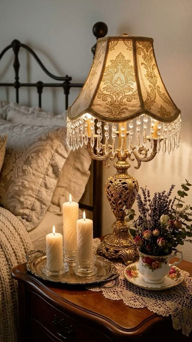Bedside table with a fringed vintage lamp, pillar candles and a teacup of dried flowers in warm light