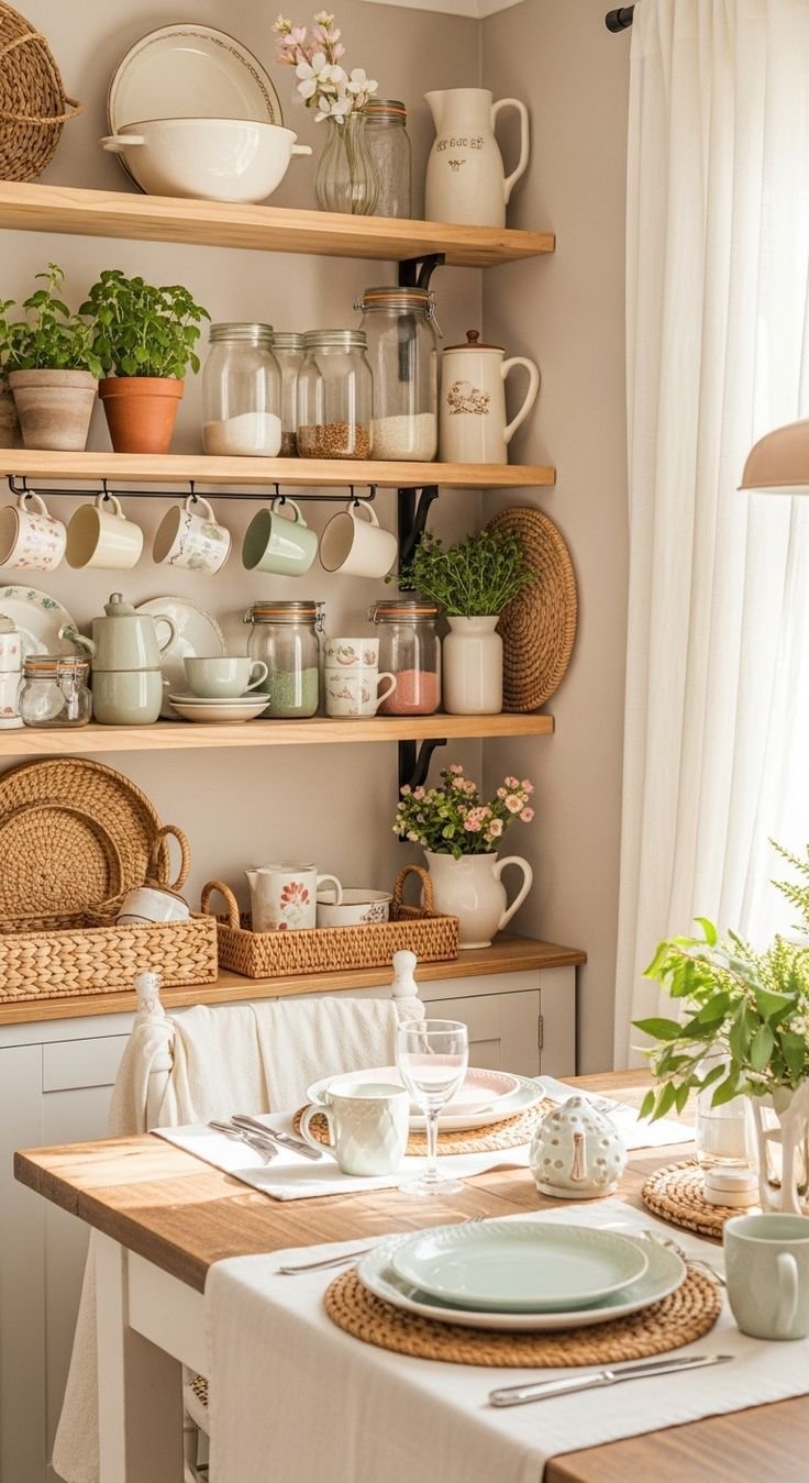 Open wooden kitchen shelves holding stoneware bowls, mismatched mugs, glass storage jars and potted basil