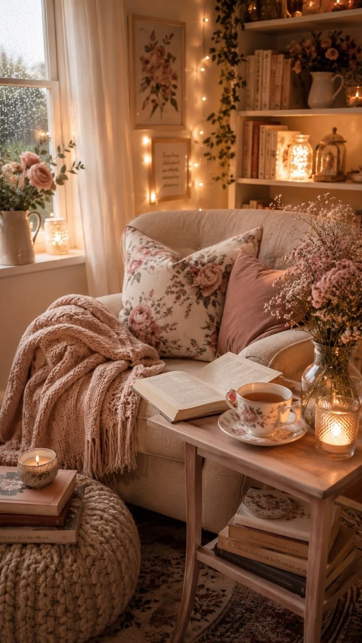 Cottagecore reading nook with a cream armchair, knitted throw, open book, teacup and candlelit shelves