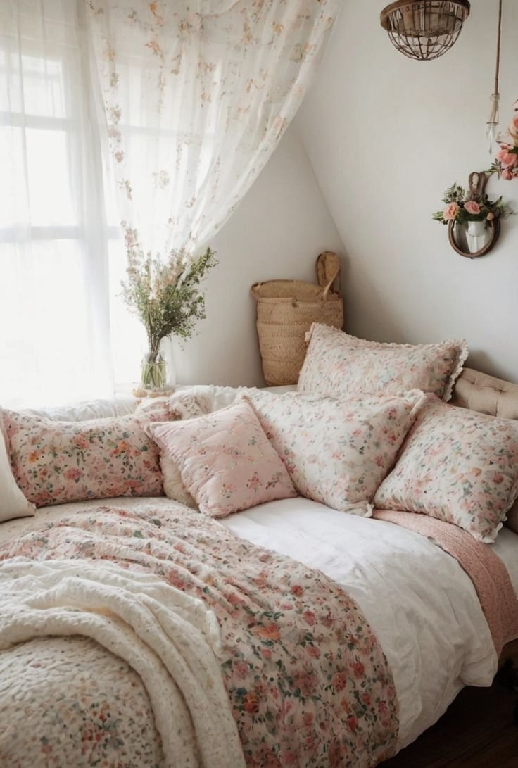Attic bedroom layered with small scale floral bedding, ruffled cushions and a sheer floral curtain