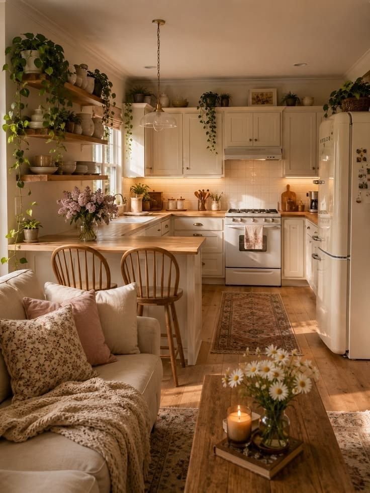 Small open plan kitchen and living room in cottagecore style with trailing plants, wooden counters and a cream sofa