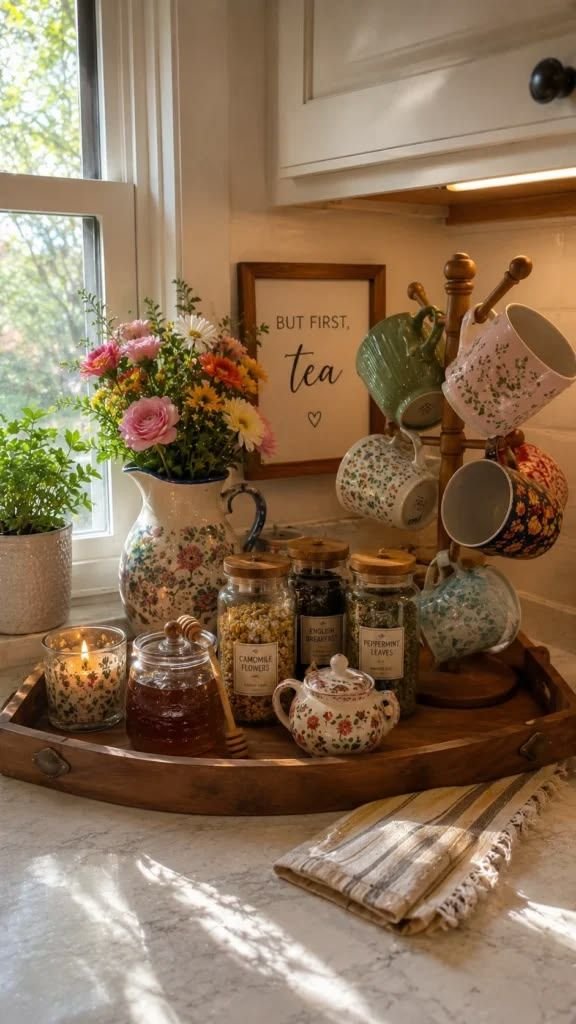 Kitchen counter tea station with floral mugs, glass tins of loose leaf tea, a honey jar and a vintage teapot