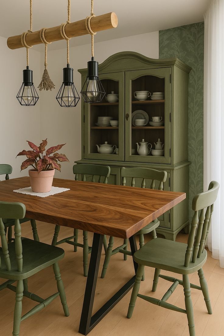 Cottage dining room with a walnut table, olive green spindle chairs and a painted green dresser