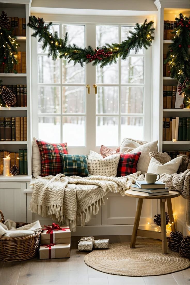 Cozy Christmas reading nook with plaid pillows and a knit throw