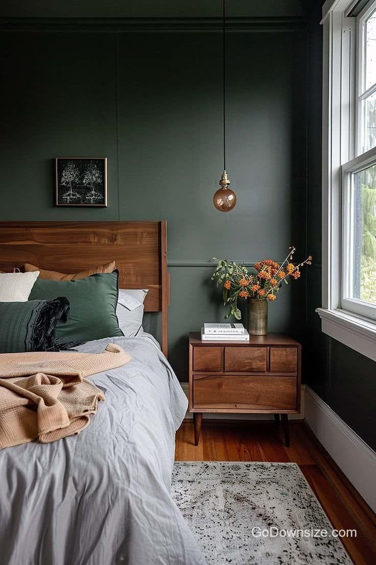 Dark forest green bedroom walls and trim with a walnut bed and nightstand