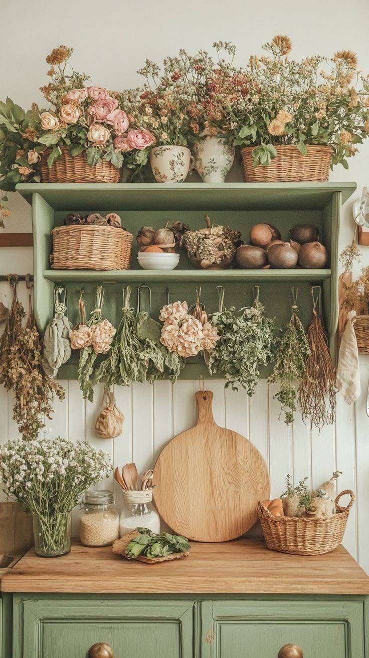 Sage green dresser with dried herb and flower bundles hanging from the shelf above baskets of produce