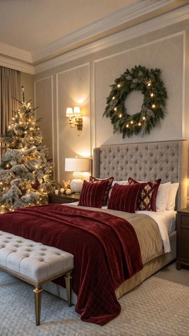 Elegant red and gold Christmas bedroom with a simplified color palette