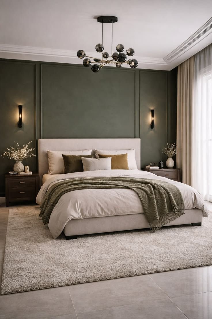 Olive green panelled accent wall behind a cream upholstered bed with wall sconces