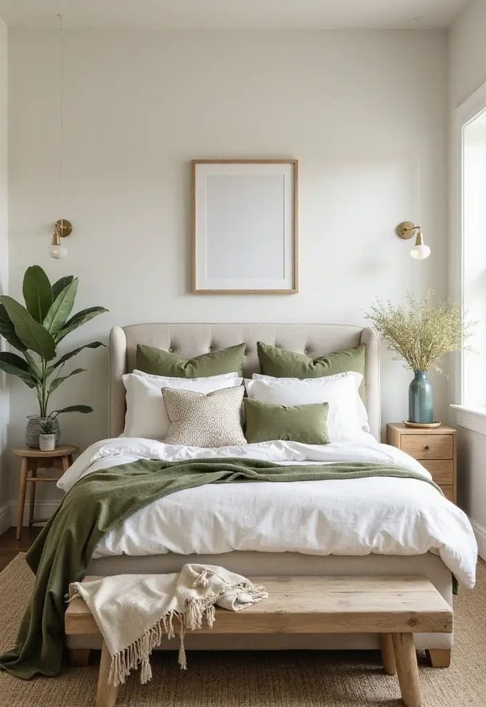 White bedroom with green linen cushions and an olive green throw over the bed