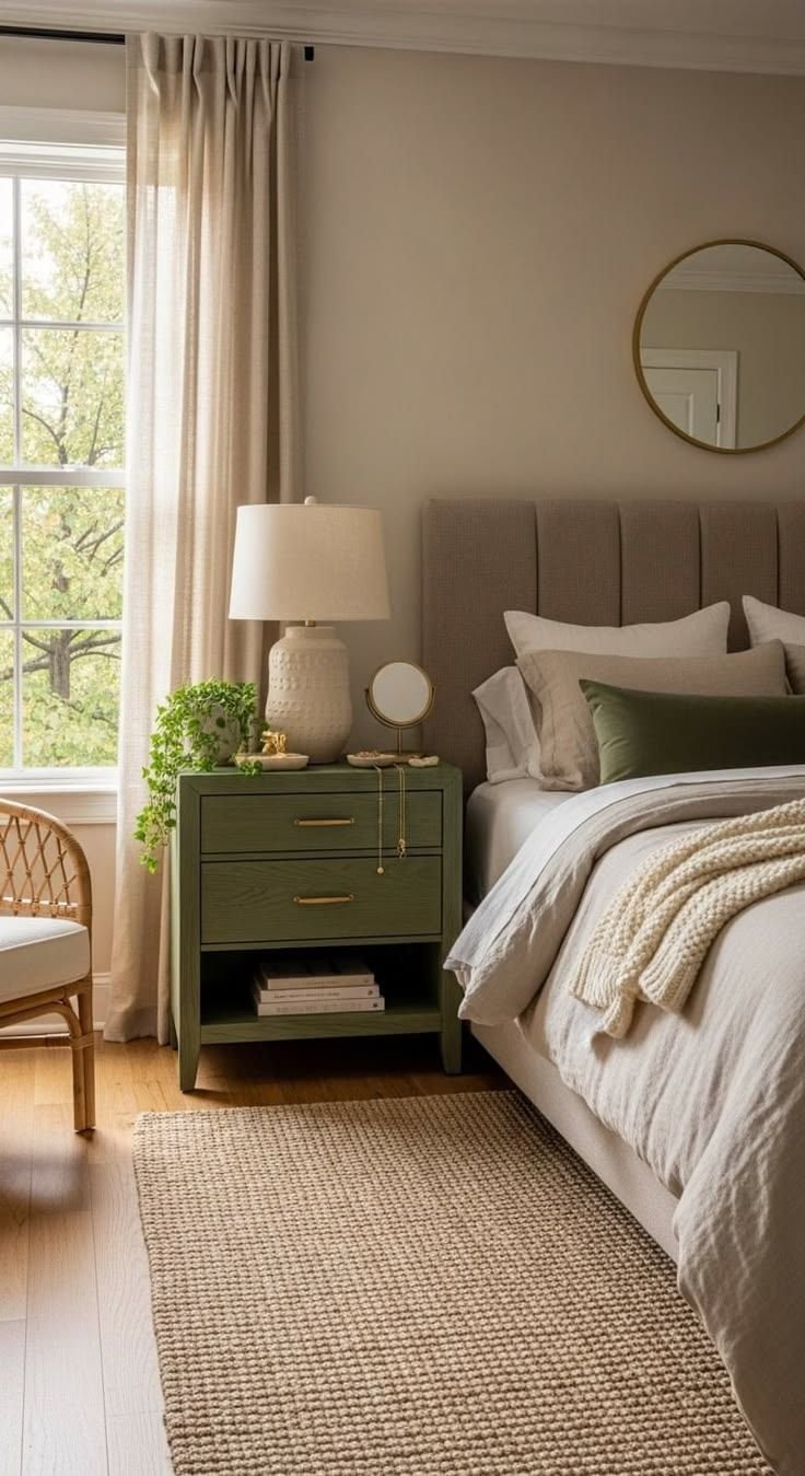 Green painted nightstand with cream linen bedding, a knitted throw and a jute rug