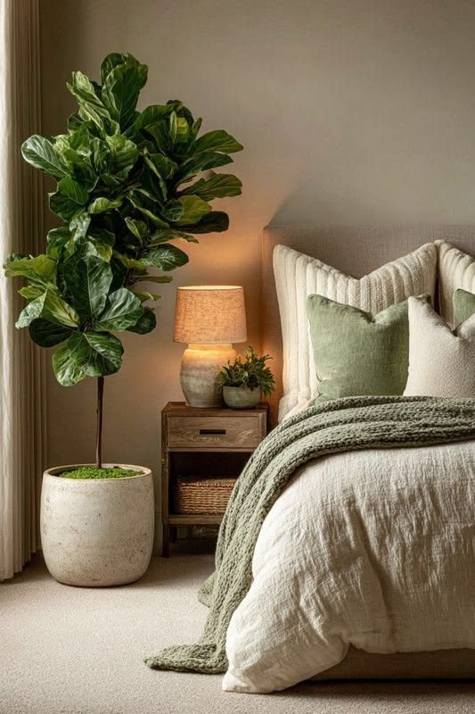 Large fiddle leaf fig beside a bed with sage green cushions and a warm table lamp