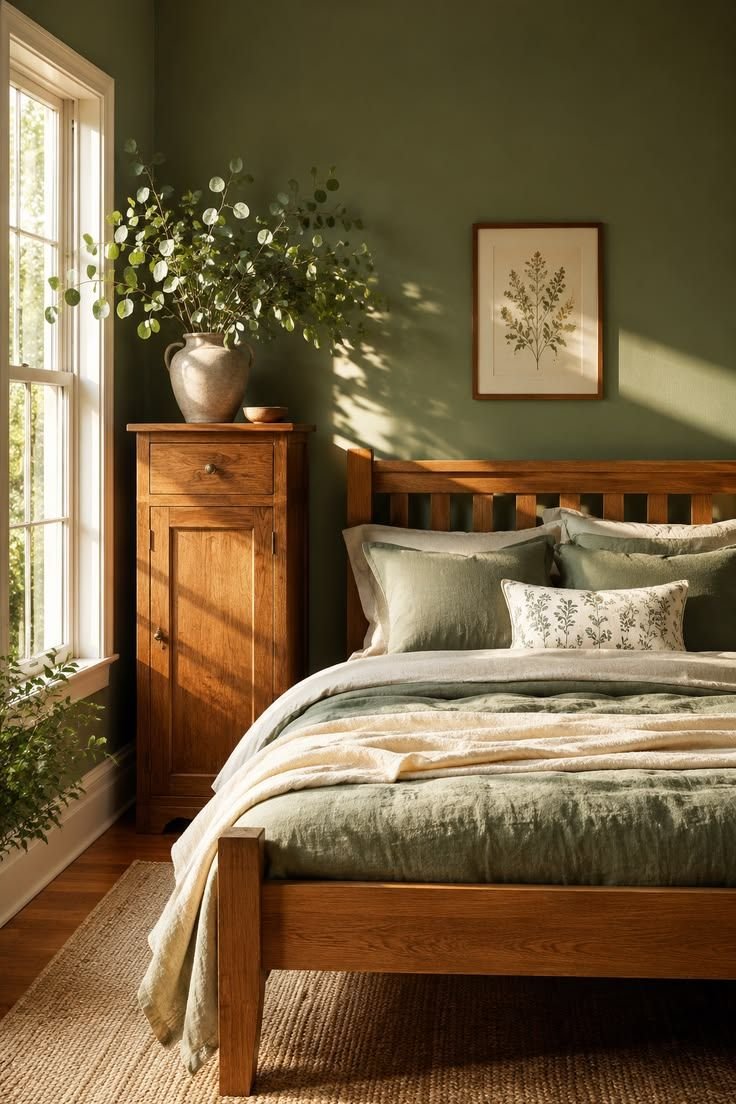 Olive green bedroom walls with a honey oak bed, sage linen bedding and sunlight across the wall