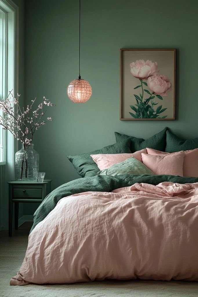 Green bedroom wall with a warm glowing pendant lamp, forest green and blush linen bedding