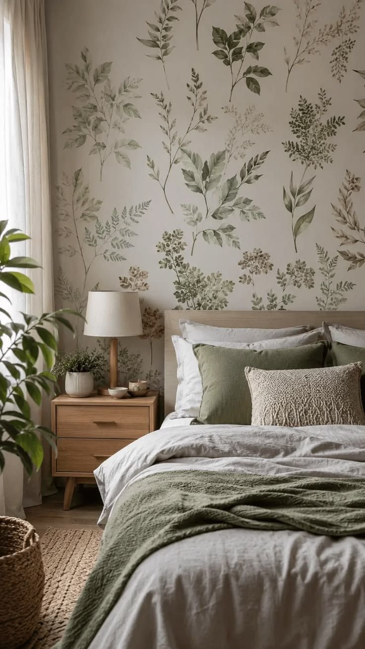 Green botanical leaf wallpaper on the feature wall behind a wooden bed